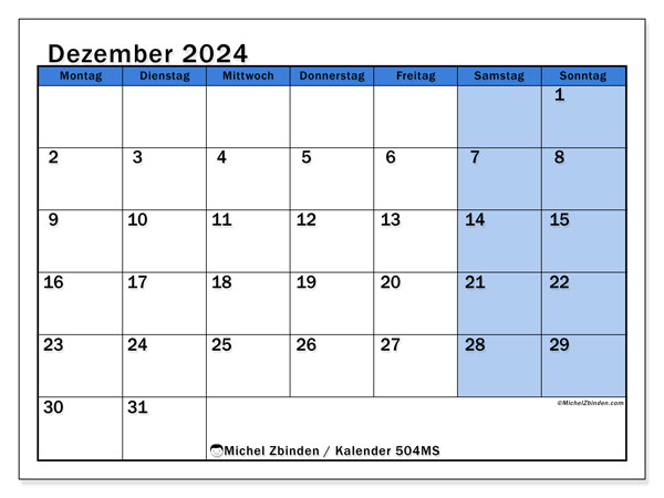 Kalender Dezember 2024 “504”. Programm zum Ausdrucken kostenlos.. Montag bis Sonntag