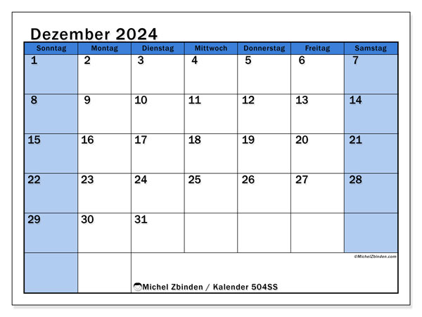Kalender Dezember 2024 “504”. Programm zum Ausdrucken kostenlos.. Sonntag bis Samstag