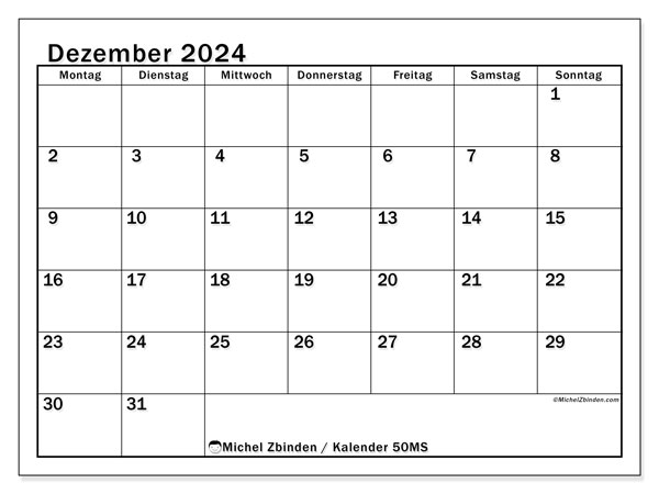 Kalender Dezember 2024 “50”. Kalender zum Ausdrucken kostenlos.. Montag bis Sonntag