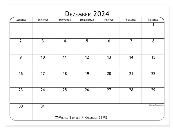 Kalender Dezember 2024 “51”. Plan zum Ausdrucken kostenlos.. Montag bis Sonntag