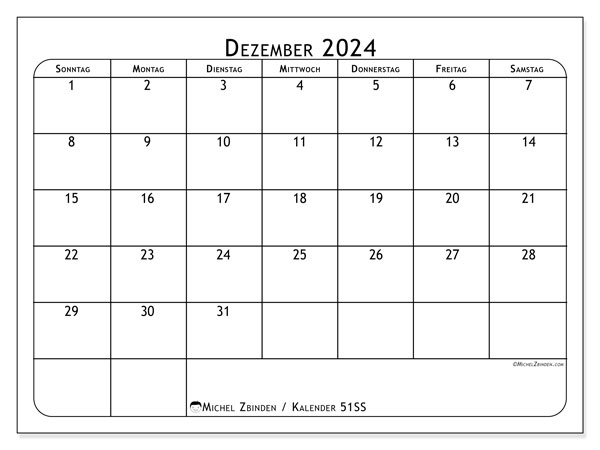 Kalender Dezember 2024 “51”. Plan zum Ausdrucken kostenlos.. Sonntag bis Samstag