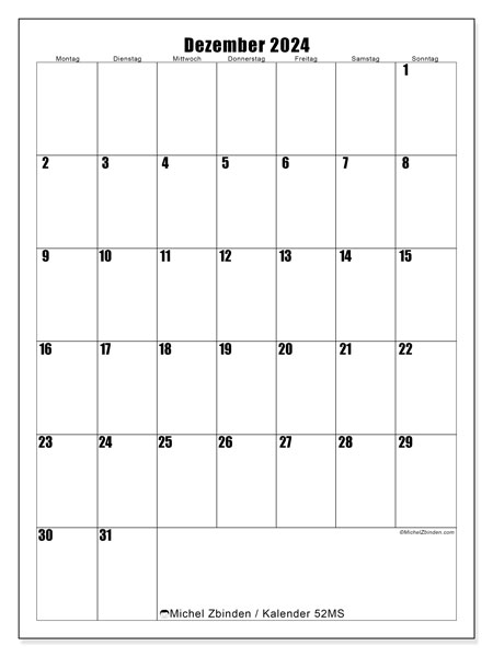 Kalender Dezember 2024 “52”. Plan zum Ausdrucken kostenlos.. Montag bis Sonntag