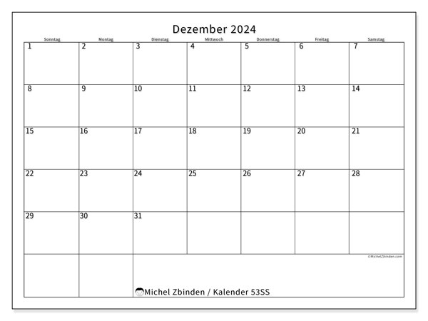 Kalender Dezember 2024 “53”. Programm zum Ausdrucken kostenlos.. Sonntag bis Samstag