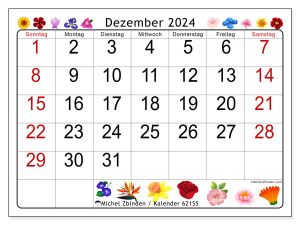 Kalender Dezember 2024, 621SS. Programm zum Ausdrucken kostenlos.