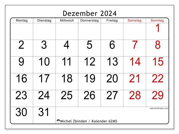 Kalender Dezember 2024 “62”. Plan zum Ausdrucken kostenlos.. Montag bis Sonntag