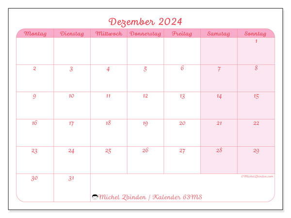 Kalender Dezember 2024 “63”. Programm zum Ausdrucken kostenlos.. Montag bis Sonntag