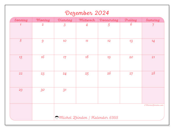 Kalender Dezember 2024, 63SS. Programm zum Ausdrucken kostenlos.