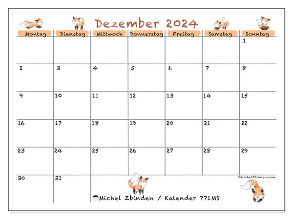 Kalender Dezember 2024 “771”. Programm zum Ausdrucken kostenlos.. 