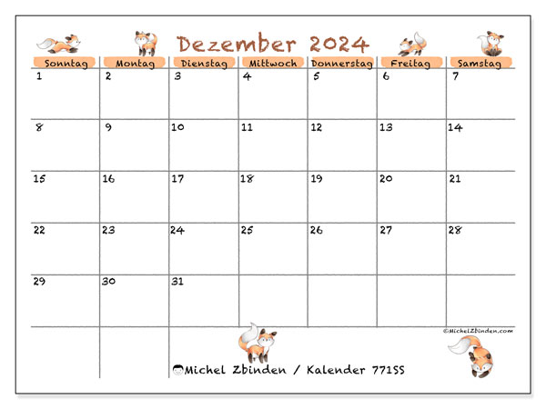 Kalender Dezember 2024 “771”. Programm zum Ausdrucken kostenlos.. Sonntag bis Samstag