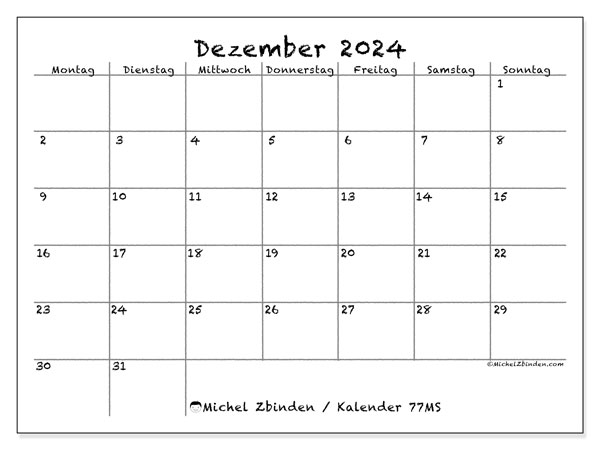 Kalender Dezember 2024, 77SS. Programm zum Ausdrucken kostenlos.
