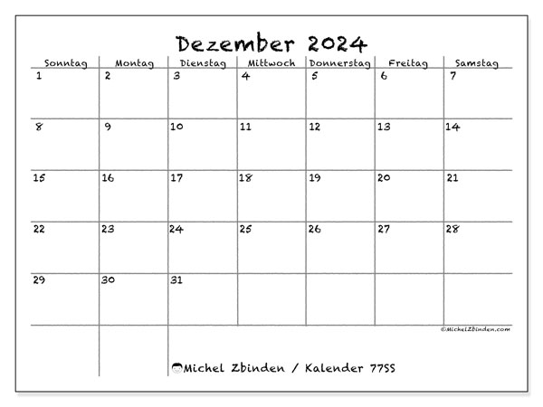 Kalender Dezember 2024 “77”. Kalender zum Ausdrucken kostenlos.. Sonntag bis Samstag