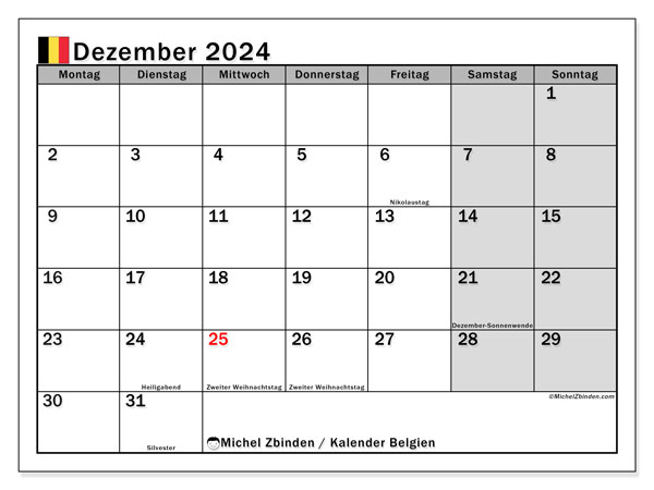 Kalender Dezember 2024 “Belgien”. Programm zum Ausdrucken kostenlos.. Montag bis Sonntag