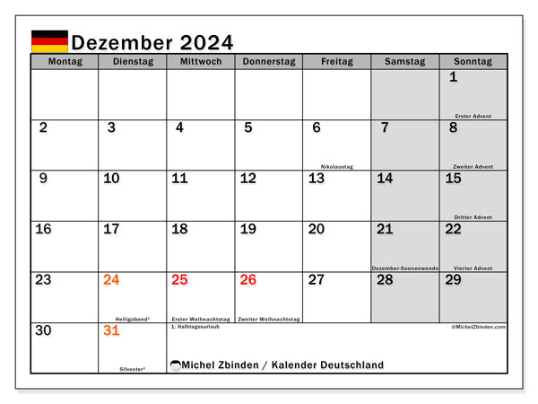 Calendario dicembre 2024, Germania (DE). Piano da stampare gratuito.