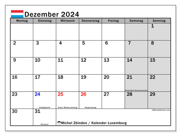 Calendario dicembre 2024, Lussemburgo (DE). Piano da stampare gratuito.