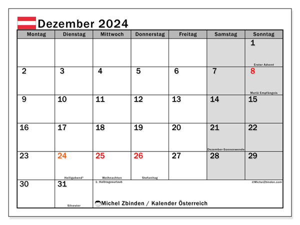 Calendario dicembre 2024, Austria (DE). Piano da stampare gratuito.