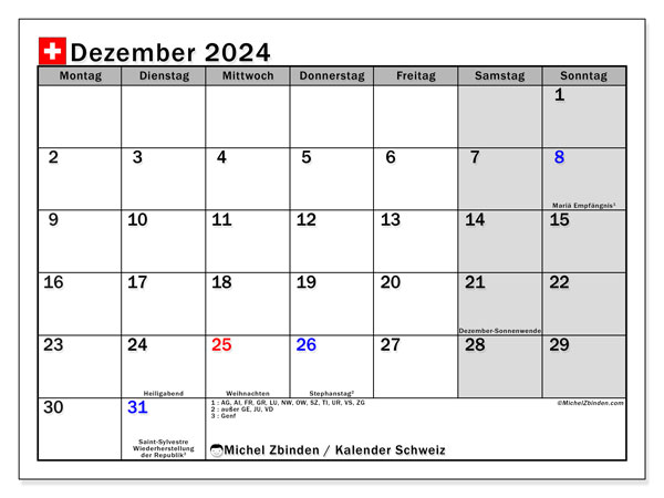 Kalender Dezember 2024, Schweiz. Kalender zum Ausdrucken kostenlos.