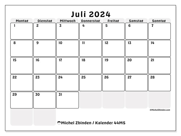 Kalender Juli 2024 “44”. Programm zum Ausdrucken kostenlos.. Montag bis Sonntag