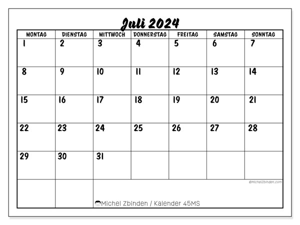 Kalender Juli 2024, 45SS. Plan zum Ausdrucken kostenlos.
