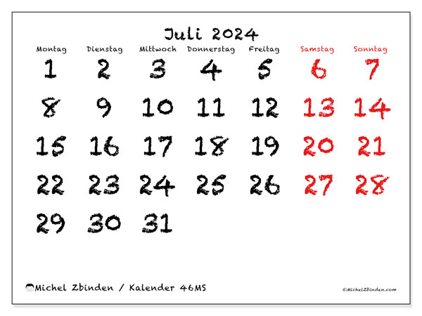 Kalender Juli 2024 “46”. Plan zum Ausdrucken kostenlos.. Montag bis Sonntag