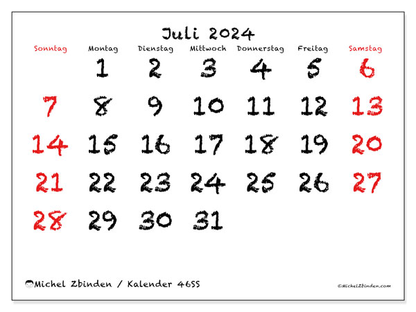 Kalender Juli 2024 “46”. Plan zum Ausdrucken kostenlos.. Sonntag bis Samstag