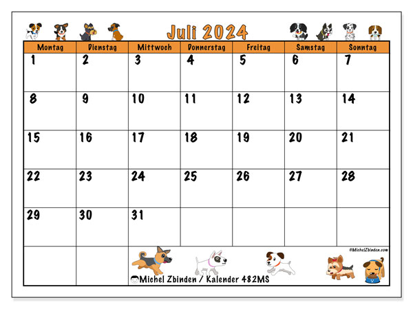 Kalender Juli 2024 “482”. Plan zum Ausdrucken kostenlos.. Montag bis Sonntag