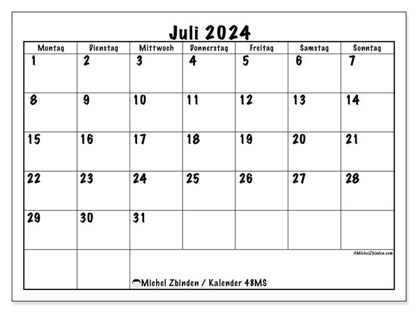 Kalender Juli 2024 “48”. Plan zum Ausdrucken kostenlos.. Montag bis Sonntag