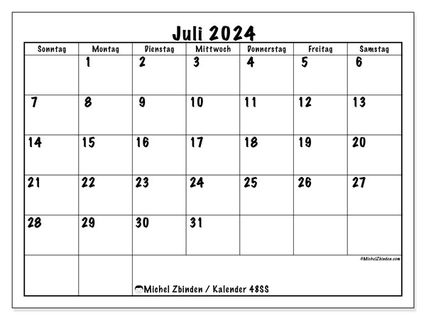 Kalender Juli 2024 “48”. Plan zum Ausdrucken kostenlos.. Sonntag bis Samstag
