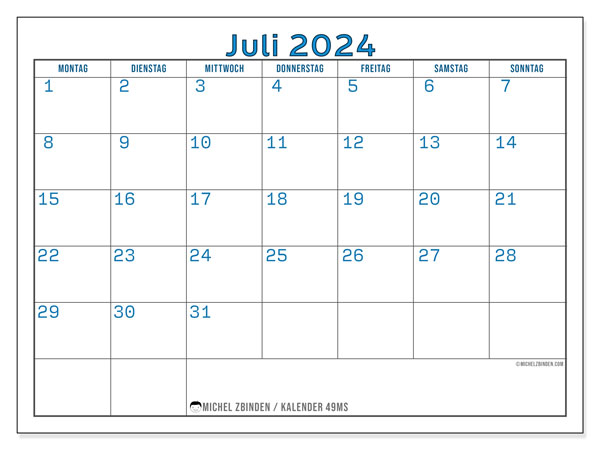 Kalender Juli 2024, 49MS. Plan zum Ausdrucken kostenlos.