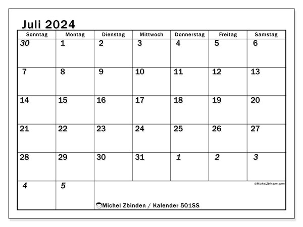 Kalender Juli 2024 “501”. Kalender zum Ausdrucken kostenlos.. Sonntag bis Samstag