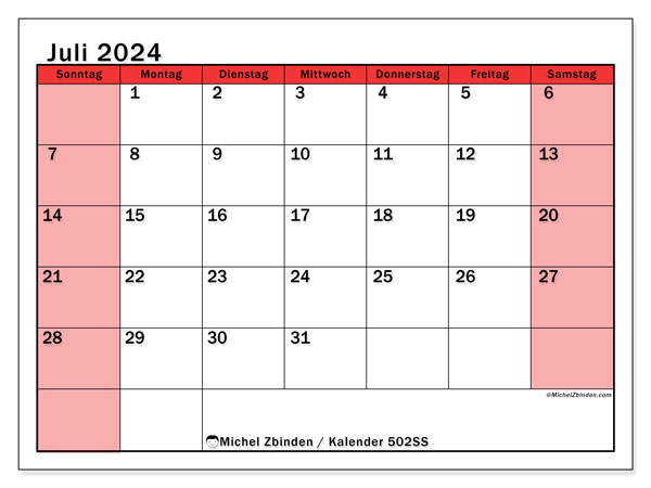 Kalender Juli 2024 “502”. Kalender zum Ausdrucken kostenlos.. Sonntag bis Samstag