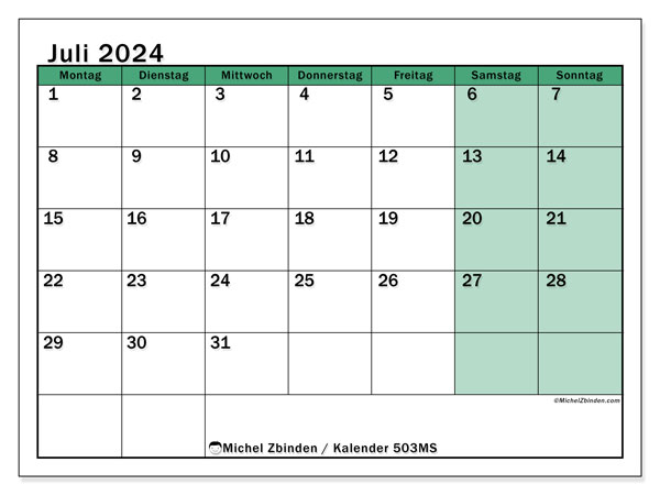 Kalender Juli 2024 “503”. Plan zum Ausdrucken kostenlos.. Montag bis Sonntag