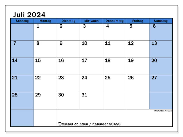 Kalender Juli 2024 “504”. Programm zum Ausdrucken kostenlos.. Sonntag bis Samstag