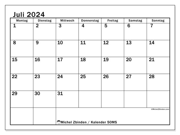 Kalender Juli 2024, 50SS. Plan zum Ausdrucken kostenlos.