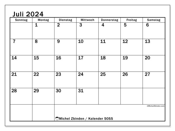 Kalender Juli 2024 “50”. Programm zum Ausdrucken kostenlos.. Sonntag bis Samstag