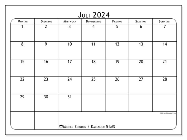 Kalender Juli 2024 “51”. Programm zum Ausdrucken kostenlos.. Montag bis Sonntag