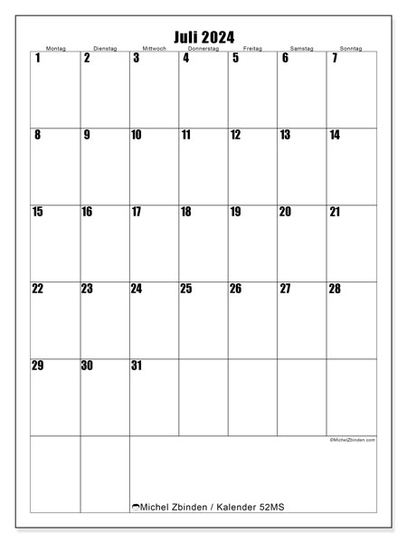 Kalender Juli 2024 “52”. Plan zum Ausdrucken kostenlos.. Montag bis Sonntag