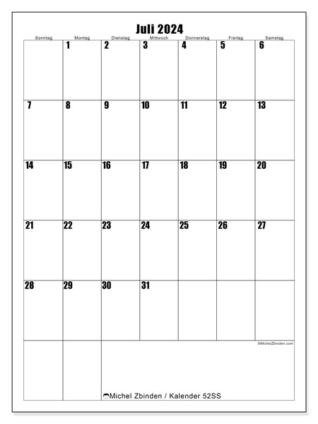 Kalender Juli 2024 “52”. Plan zum Ausdrucken kostenlos.. Sonntag bis Samstag