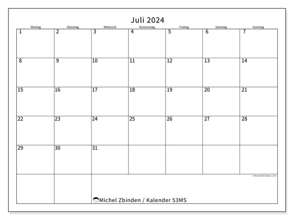 Kalender Juli 2024, 53MS, druckfertig und kostenlos.