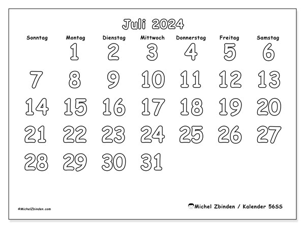 Kalender Juli 2024 “56”. Kalender zum Ausdrucken kostenlos.. Sonntag bis Samstag
