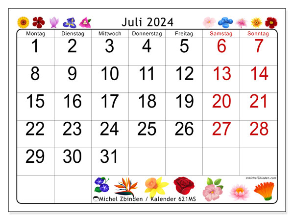 Kalender Juli 2024 “621”. Kalender zum Ausdrucken kostenlos.. Montag bis Sonntag