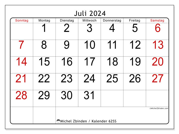 Kalender Juli 2024 “62”. Plan zum Ausdrucken kostenlos.. Sonntag bis Samstag