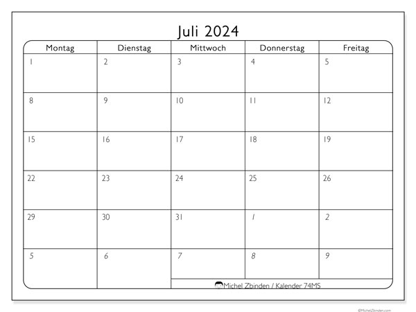 Kalender Juli 2024 “74”. Programm zum Ausdrucken kostenlos.. Montag bis Freitag