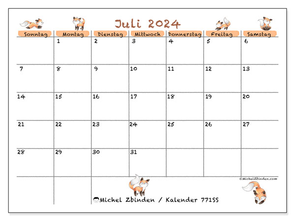 Kalender Juli 2024 “771”. Kalender zum Ausdrucken kostenlos.. Sonntag bis Samstag