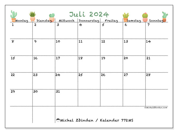 Kalender Juli 2024 “772”. Kalender zum Ausdrucken kostenlos.. Montag bis Sonntag
