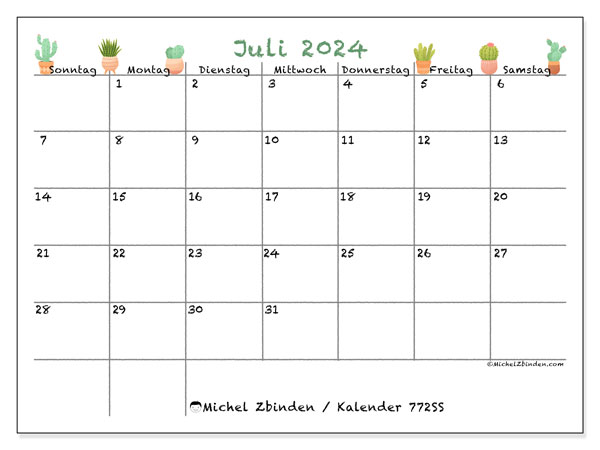Kalender Juli 2024 “772”. Kalender zum Ausdrucken kostenlos.. Sonntag bis Samstag