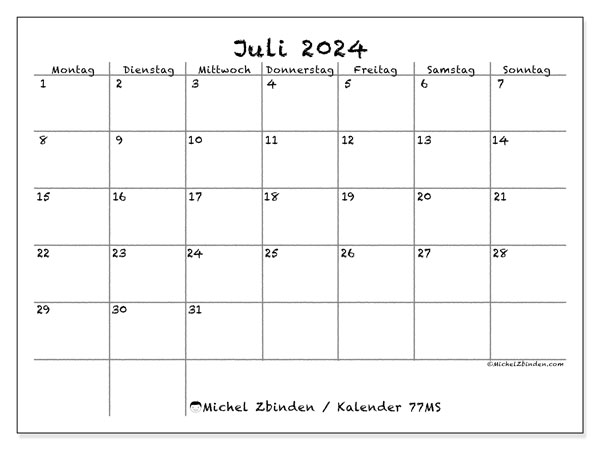 Kalender Juli 2024, 77MS. Plan zum Ausdrucken kostenlos.