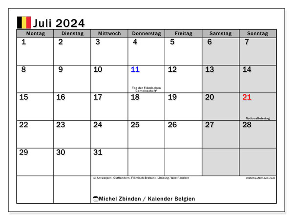 Kalender Juli 2024 “Belgien”. Programm zum Ausdrucken kostenlos.. Montag bis Sonntag