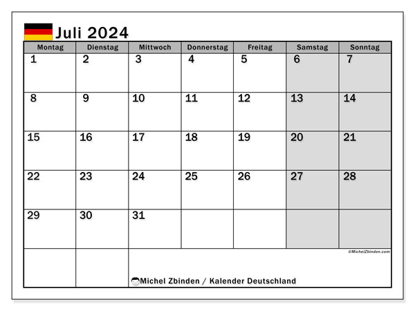 Kalender Juli 2024, Deutschland, druckfertig und kostenlos.