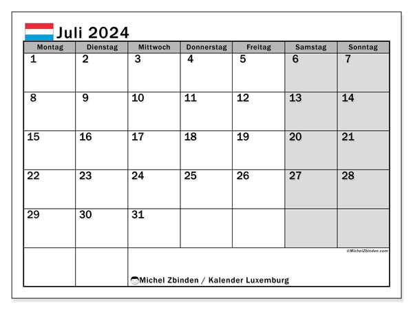 Kalender Juli 2024 “Luxemburg”. Programm zum Ausdrucken kostenlos.. Montag bis Sonntag