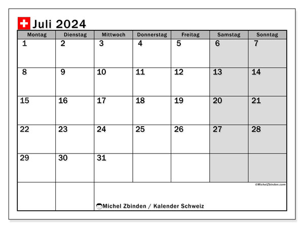 Kalender Juli 2024, Schweiz. Programm zum Ausdrucken kostenlos.